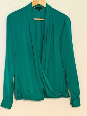 Banana Republic Women's Emerald Green Draped Faux Wrap Blouse Long Sleeve V-Neck